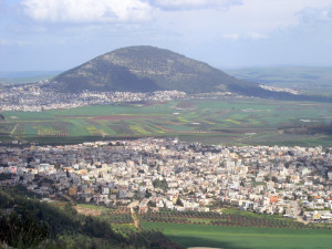 View from the Mount of Precipice. Mount Tabor is the large round hill in the background